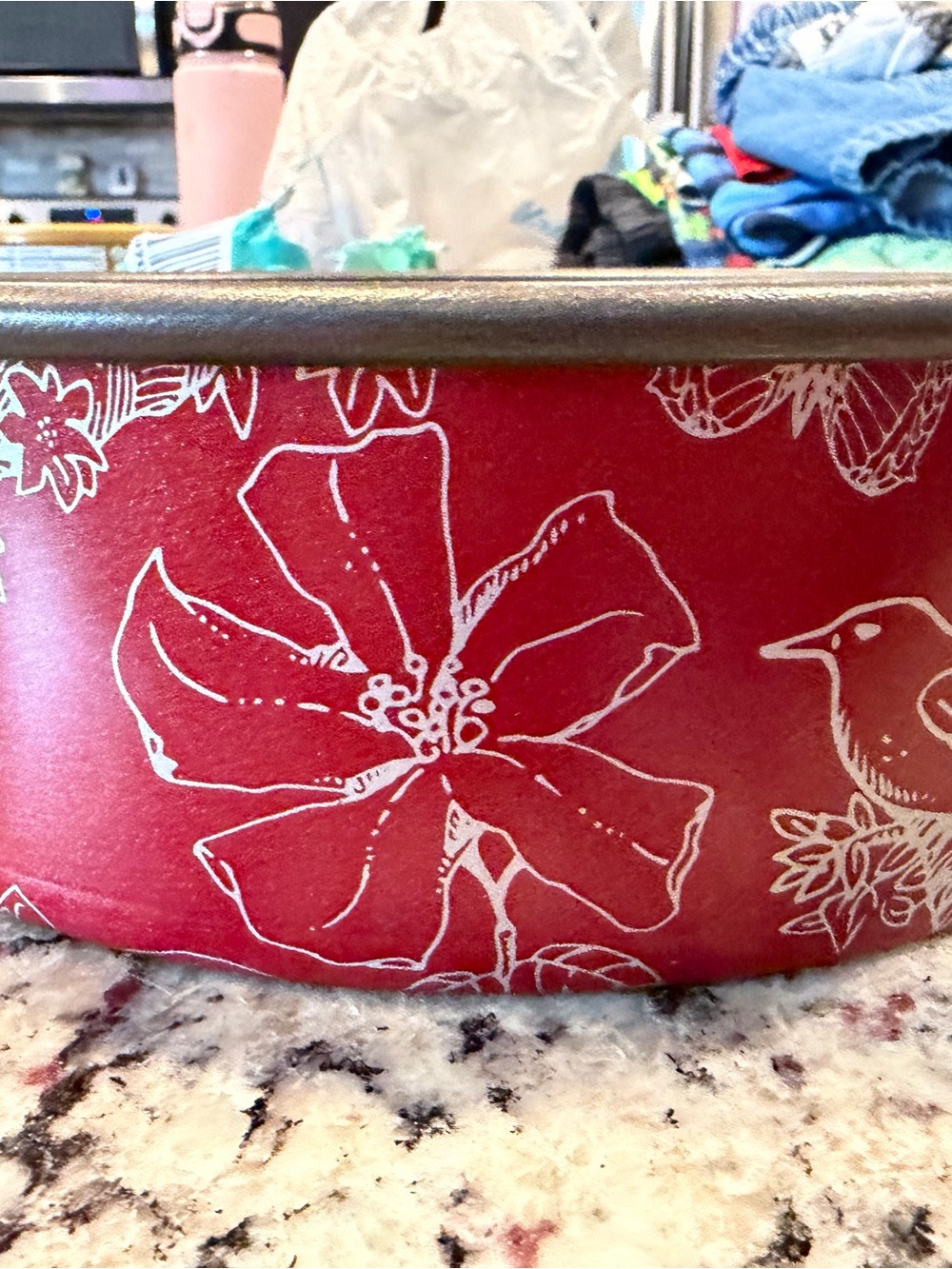 Red Floral Round Baker with White Botanical Print